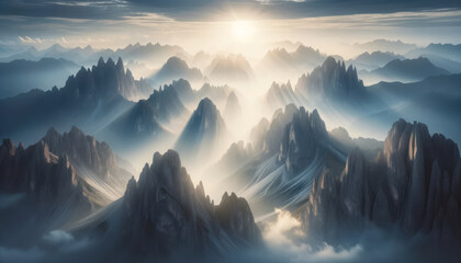 Sunrise over jagged mountain cliffs amidst fog. Natures wonder concept. Generative AI