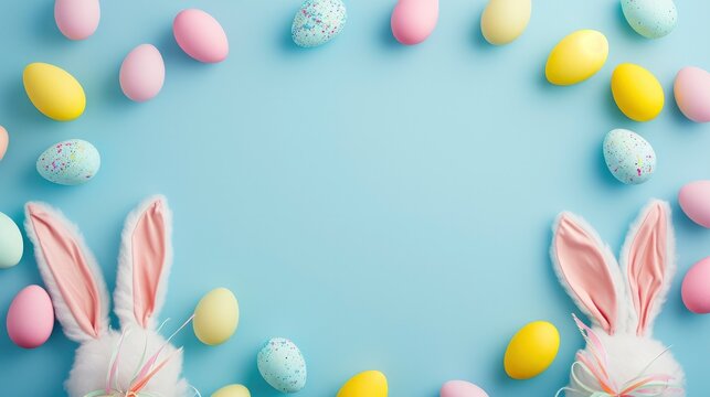 Easter party concept. Top view photo of easter bunny ears white pink blue and yellow eggs on isolated pastel blue background with copyspace in the middle