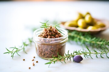 tapenade in glass jar with olive branch beside it