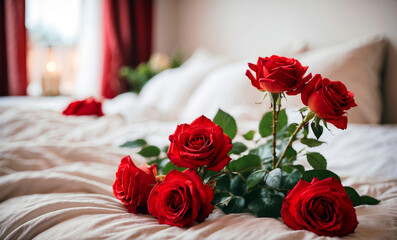 Closeup view on a bunch of red roses on the bed. Against the background of burning candles. The atmosphere is cozy and beautiful.
