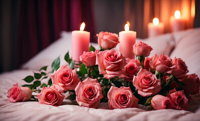 Fototapeta na wymiar Closeup view on a bunch of red roses on the bed. Against the background of burning candles. The atmosphere is cozy and beautiful.