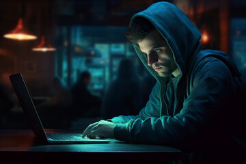 Man typing on laptop at night