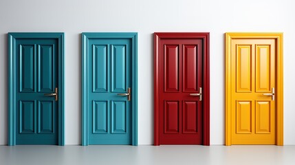 Four different coloured doors on isolated background. Four doors four choices. Door styles.