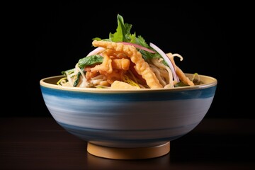 side view of tempura udon noodle bowl