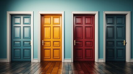 Four doors with empty wall. Four colourful doors on isolated light background. Four different doors.