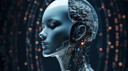 Artificial intelligence in humanoid head. Humanoid female robot head. Robot head.