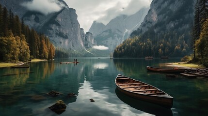 Canoe in a lake with a mountain view. Wooden boat in a lake. Beautiful lake in the mountains.