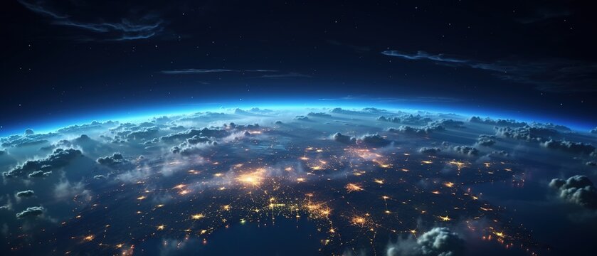 Satellite photo of earth with city lights. Planet with clouds from space.