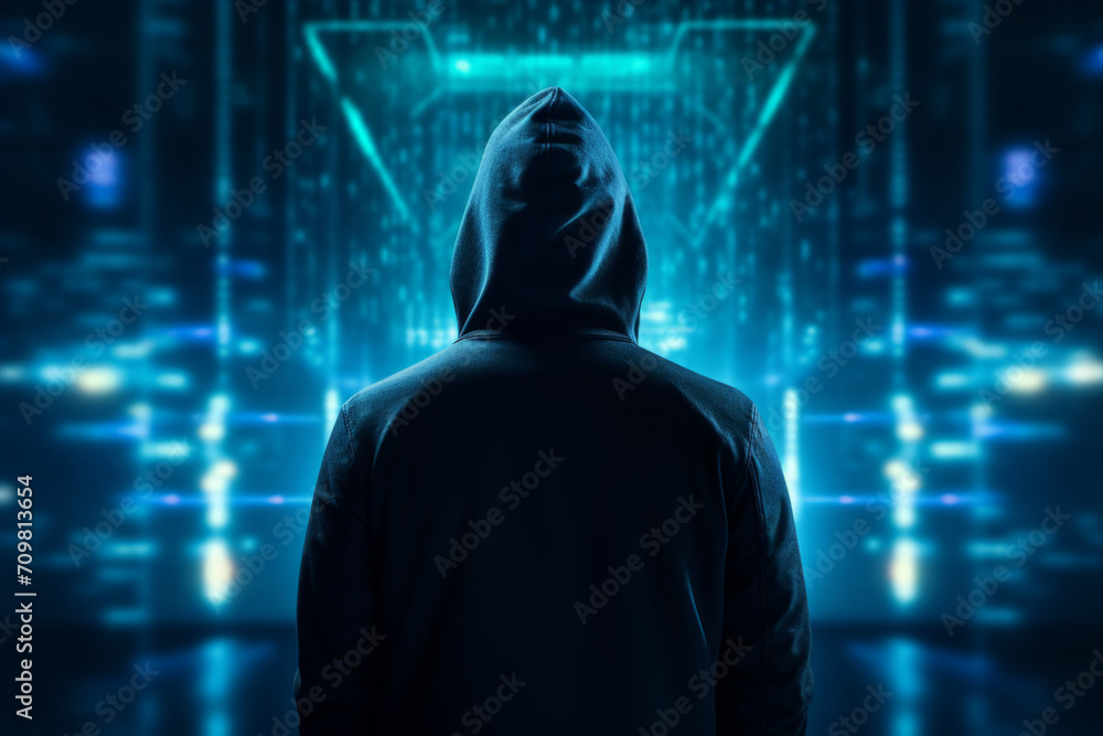Poster hacker in hoodie with data protection interface