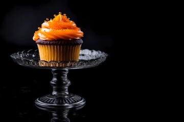 Cupcake on a glass stand on a dark background orange 