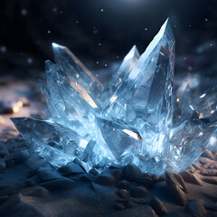 Obraz premium Ice crystal on the rock on black background with light effects, 3d rendering, 3d illustration.