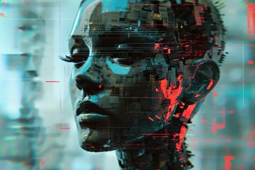 Female binary code cyborg head, artificial intelligence concept.