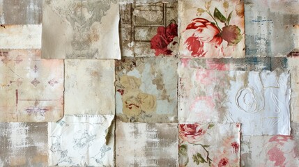 Spring Elegance. A Mixed Media Collage with Delicate Napkin Patterns on Rice Paper Tissue, Creating a Creamy Neutral Wallpaper Infused with Soft and Serene Spring Tones.