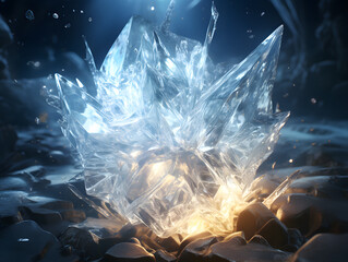 Ice crystal on the rock on black background with light effects, 3d rendering, 3d illustration.