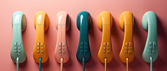 Colorful retro style phones on pink background. Old stationary phones in pastel colors.