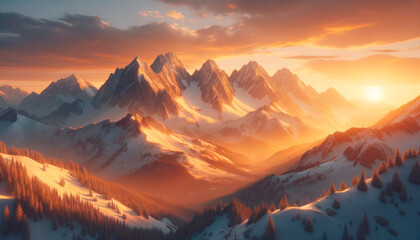 Golden sunrise over snowy mountain ridges and pine forests. Generative AI - Powered by Adobe