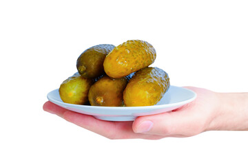 Plate of Pickled Cucumbers in Hand on White