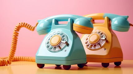 Colorful retro style phones on pink background. Old stationary phones in pastel colors.