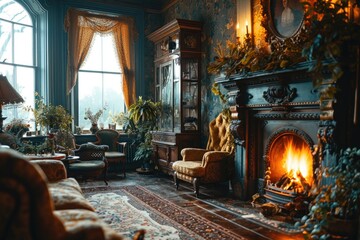 Luxury classic interior of a living room with a fireplace, sofa and armchair. Vintage style. - obrazy, fototapety, plakaty