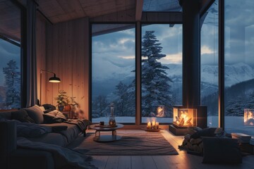 Obraz na płótnie Canvas Scandinavian cozy living room in a mountain home with mountain views.