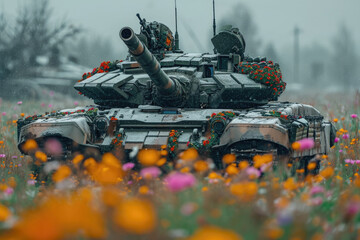 Military concept. Combat tank t-90 with flowers rides in blooming steppe.