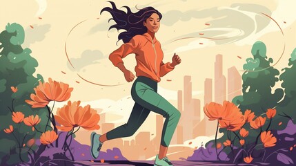 Illustration of woman running in the park. Healthy woman jogging in a park. Jogging with city view. - obrazy, fototapety, plakaty