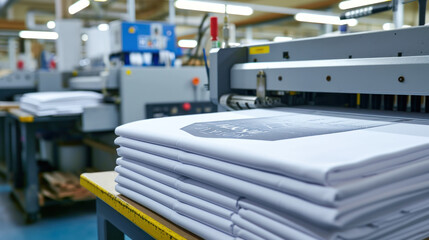 Modern printing machine with t-shirt at printshop - obrazy, fototapety, plakaty