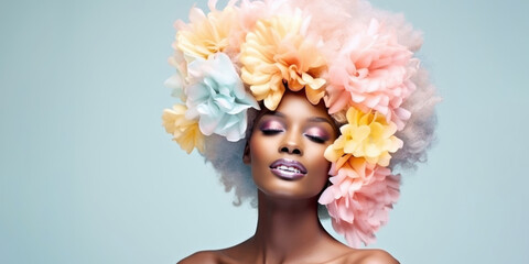 Fashion portrait of young beautiful african american woman with creative hairstyle and colorful makeup