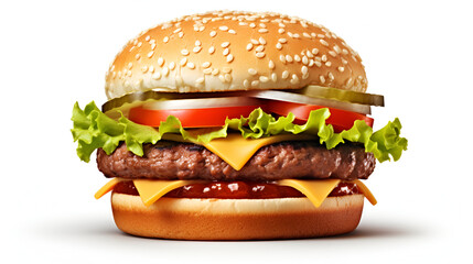 Delicious burger, on white background generated AI