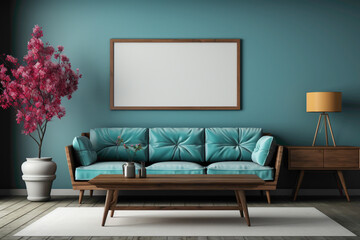 Visualize a cozy ambiance featuring a blue sofa and a compatible table, set against an empty blank frame, inviting your text to take center stage.