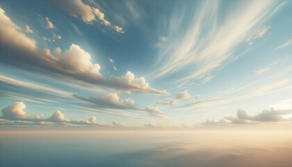 Gentle clouds strewn across a calm blue sky. Serenity, aerial landscape concept. Generative AI