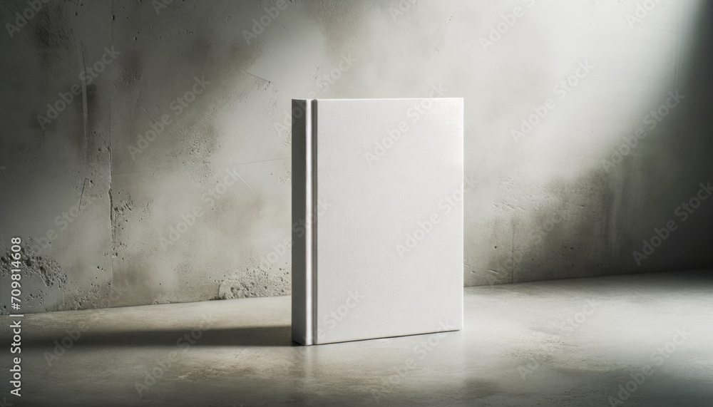 Aufkleber white book standing upright on concrete with dramatic shadows. artistic presentation. generative ai