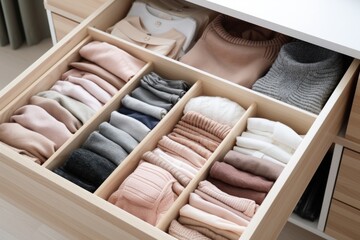 Open dresser drawer with clothes neatly laid out. The concept of smart storage.