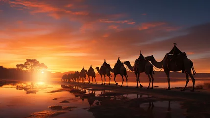 Foto auf Acrylglas Desert adventure with camels ride and travellers on sand dunes © alexkich