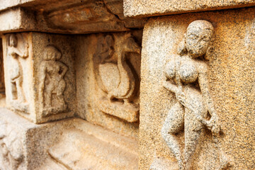Carving of a naked women on the exterior wall of the Hazararama temple, Hampi, Karnataka, India,...