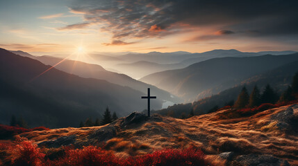 Silhouettes of crucifix symbol on top mountain with bright sunbeam on the colorful sky background - obrazy, fototapety, plakaty