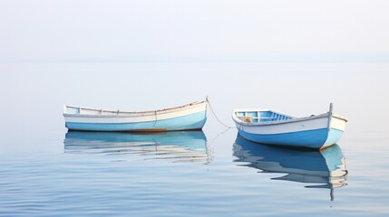 Naklejka na ściany i meble two traditional fishing boats, side by side on calm waters, their reflections mirrored against a pristine white background, capturing the essence of maritime tranquility.