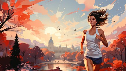 Young attractive athletic woman on early morning run. Female fitness banner. Abstract illustration. - obrazy, fototapety, plakaty