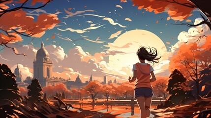Happy healthy person jogging in the morning. Illustration of young woman running in the park.