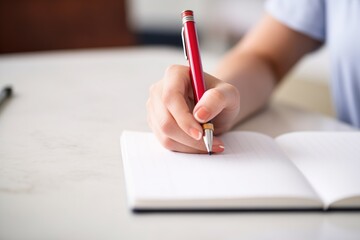 close-up of a hand correcting a written essay with a red pen