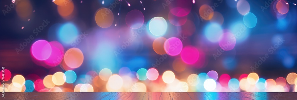 Poster a editorial background photography with empty center area of a colorful bokeh and retro string light