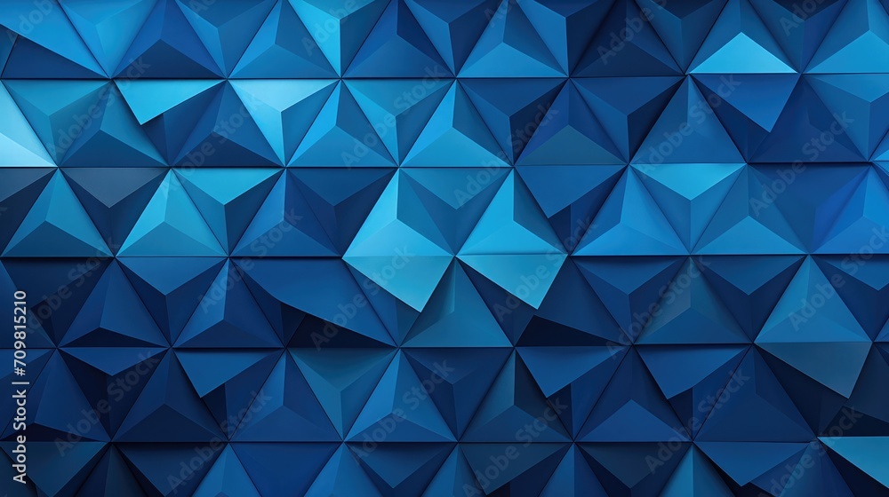 Poster a geometric pattern of interlocking triangles in various shades of blue, creating an optical illusio