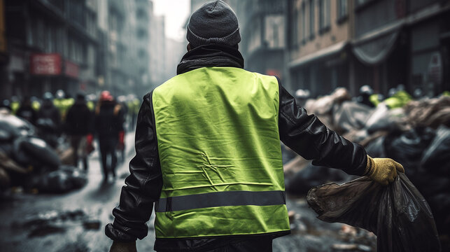 back photography of workers wearing green vest and gloves with trash bag created with Generative Ai