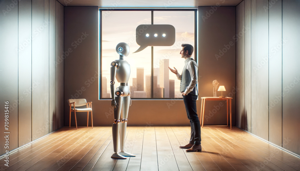 Poster Executive engaging with intelligent robot by large window, city view. Human-robot interaction concept. Generative AI