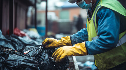 back photography of workers wearing green vest and gloves with trash bag created with Generative Ai