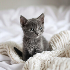 Lovely grey kitten sit on white cover, ai technology