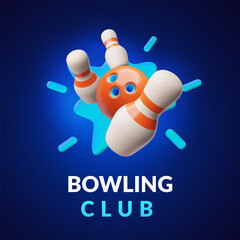 Bowling ball strike hit falling pin skittles, 3D bowling play target, winning movement, Bowling club vector poster
