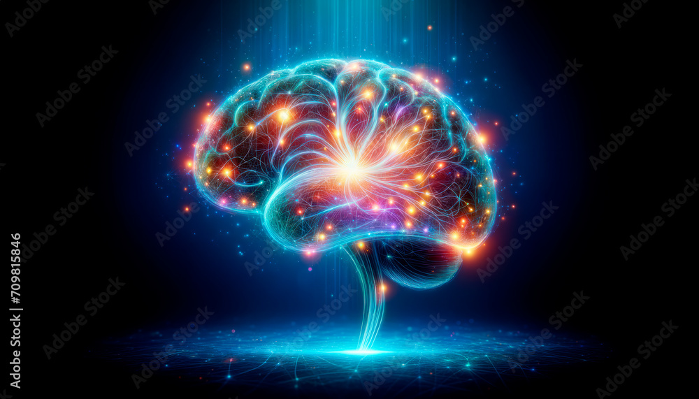 Poster Vividly illuminated brain symbolizing advanced AI and neural networks on a blue backdrop. Cognitive science concept. Generative AI