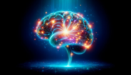 Vividly illuminated brain symbolizing advanced AI and neural networks on a blue backdrop. Cognitive science concept. Generative AI - obrazy, fototapety, plakaty