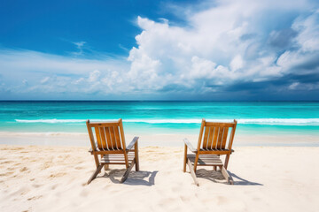 Fototapeta na wymiar Comfortable beach chair in Caribbean resort. Relaxing with tranquil ocean backdrop. AI Generative.